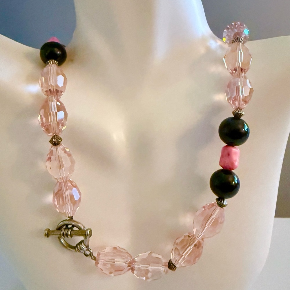 Estate Pink Crystal and Black Obsidian Toggle Necklace STUNNING